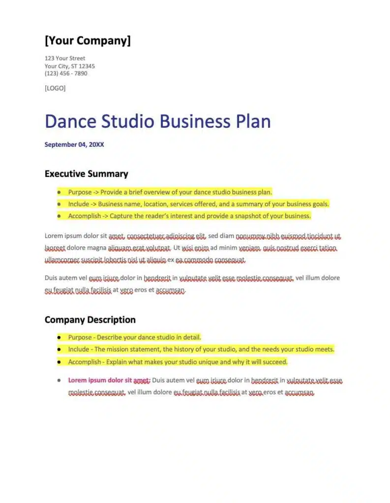 dance studio start up business plan